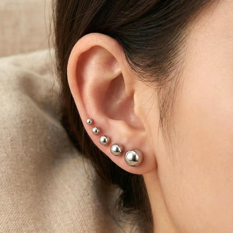 15 Pairs Ball Stud Earrings Set 2mm To 6mm Stainless Steel Hypoallergenic Nickel Free Simple Everyday Studs For Women Great Gift Idea Multisize Earring Set With Silver Finish on ear