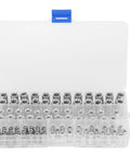 Top Shelf Rivet Nut Tool Kit With Built In Cutter And One Hundred M4 M8 Aluminum Rivnuts in clear organizer box, showing various sizes.