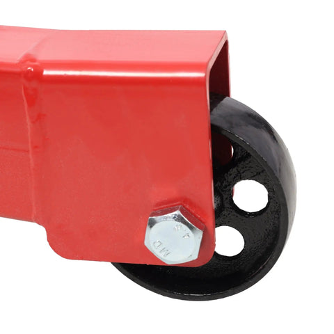 Close-up of the wheel and red metal frame of the Straight Up Heavy Duty Folding Engine Hoist Cherry Picker Shop Crane.