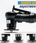 Side view of black handheld 45-degree pneumatic chamfering tool with adjustable dial and base plate.