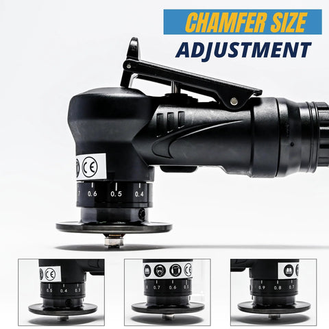Side view of black handheld 45-degree pneumatic chamfering tool with adjustable dial and base plate.