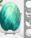 Elongated Toilet Seat Resin for Bathroom with a teal design, features stainless steel hinges and grip-tight bumpers.