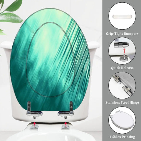 Elongated Toilet Seat Resin for Bathroom with a teal design, features stainless steel hinges and grip-tight bumpers.