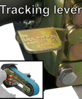 Hella Versatile 2 X 36 Belt Grinder Attachment For Bench Tools That Mounts Any Way You Like With Zero Sweat Quick Change Tensioning And Easy Tracking showing tracking lever mechanism