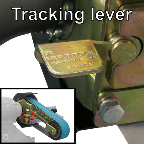 Hella Versatile 2 X 36 Belt Grinder Attachment For Bench Tools That Mounts Any Way You Like With Zero Sweat Quick Change Tensioning And Easy Tracking showing tracking lever mechanism