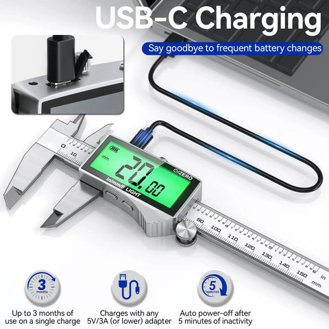 Rechargeable Digital Caliper 6 Inch With Backlit LCD Stainless Steel Vernier Caliper showing USB-C charging feature.