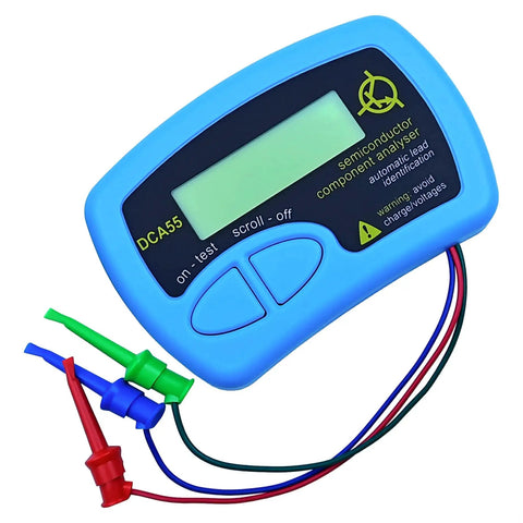 Upgraded Automatic Semiconductor Tester Compatible With Dca55 Analyzer showing blue handheld tester with leads attached.