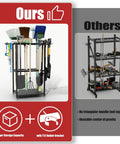 Comparison of Heavy Duty Freestanding Garden Tool Organizer Rack With 3 Tiers And 14 Hooks and a less stable tool rack