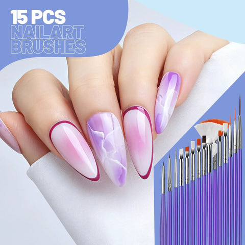 Close-up of manicured nails with purple designs and Nail Art Tools Set With 23 Pcs Brushes And 5 Pcs Dotting Tools displayed.