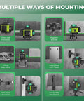 Image showing multiple mounting methods for Pro Grade 16 Line Laser Level 360 Self Leveling With 4X360 4D Green Cross Lines.