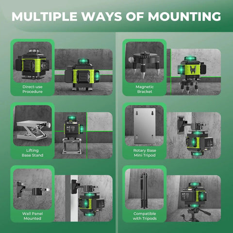 Image showing multiple mounting methods for Pro Grade 16 Line Laser Level 360 Self Leveling With 4X360 4D Green Cross Lines.