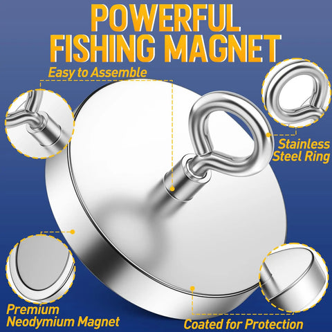Heavy Duty Fishing Magnet Set With 1600 Lbs Pulling Power, Extra Strong Lifting Magnet With Eye Bolt shown with highlights