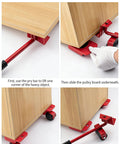 Ergonomic Furniture Lifter And Mover Tool Set With 4 Roller Pad Sliders in use, showing steps to lift and move heavy objects.