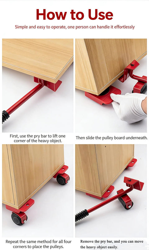 Ergonomic Furniture Lifter And Mover Tool Set With 4 Roller Pad Sliders in use, showing steps to lift and move heavy objects.