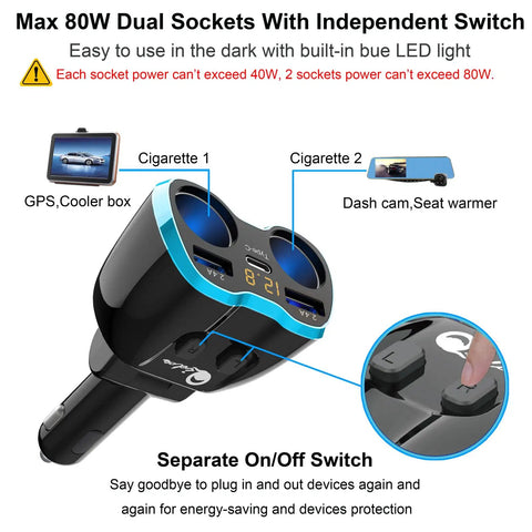 Ultimate 5 In 1 Cigarette Lighter Splitter With Usb C And Dual Usb Ports Quick Charge Car Adapter for GPS and dash cam, with LED display.