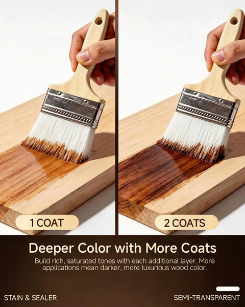 Dark Oak Water Based Wood Stain And Sealer In One with brush applying first and second coat on wood for deeper color.