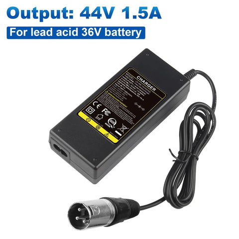 44V Lead Acid Battery Charger For 36V Scooters And E Bikes With 3 Pin Male XLR Connector shown with cable and text details