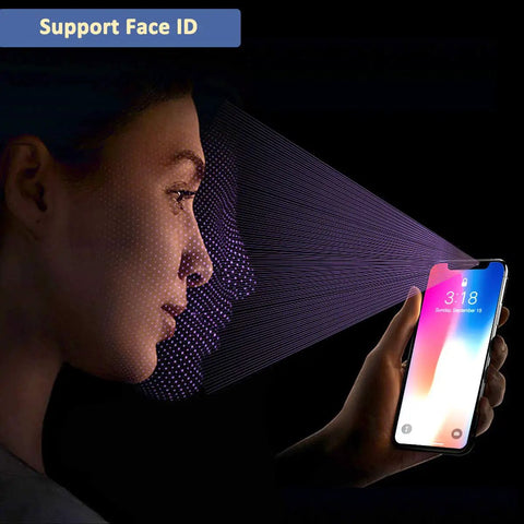 Woman using Face ID on smartphone at night, blue icon displaying support for facial recognition technology