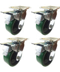 Built Damn Tough Four Pack Green Polyurethane Cast Iron Casters With Full Total Lock Brakes, heavy duty wheels for shop projects.