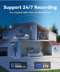 Cutaway view of house with "Support 24/7 Recording" text; part of Wired 4 Channel 5MP Lite AHD DVR Security System With 500GB Hard Drive 4 Indoor Outdoor 3MP CCTV Cameras Human Detection Night Vision Plug And Play Setup Reliable Local Surveillance Kit For Home Or Small Business.
