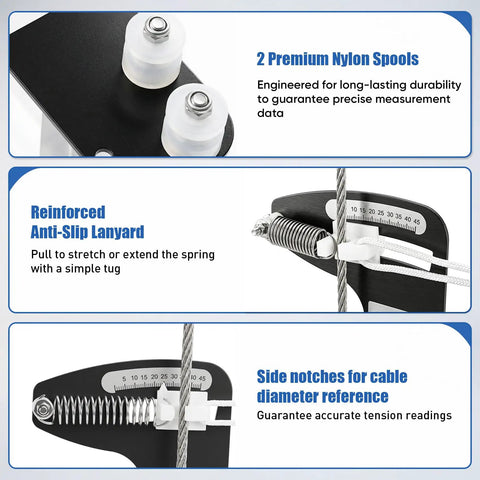 Hands Off Sailboat Rigging Tension Gauge For Wire Rope And Cable Fit In Three Thirty-Second Inch, One Eighth Inch, And Five Thirty-Second Inch Sizes, Eight Hundred Pound Rating, Accurate Tool To Prevent Over Tightening And Under Tightening, black tension gauge with nylon spools and cable scale