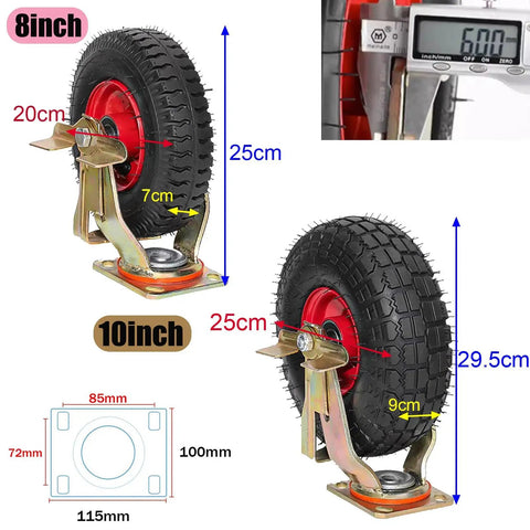 Heavy Duty Caster Wheels With Top Plate Swivel For Carts And Workbenches, Rubber Tread Rolling Casters, 8 and 10 inch sizes