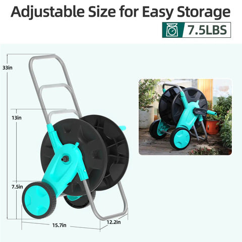 Heavy Duty Garden Hose Reel Cart With 2 Wheels Holds 75 To 100 Feet Of 5/8 Inch Hose, Mobile Outdoor Hose Storage, teal color