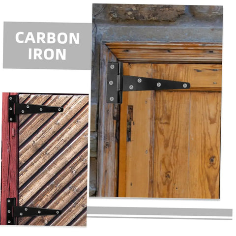 Eight Piece 5 Inch Black Galvanized T Shaped Door Hinges for wood cabinets and small interior doors, showing hinge on wood surface.