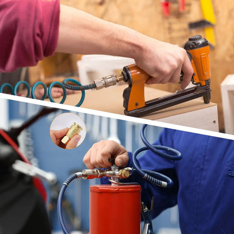 Using Brass Quick Connect Hose Fittings Set For Air Compressors, 14 Piece Copper Plated One Quarter Inch Quick Connects in workshop
