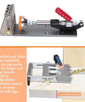 All Metal Pocket Hole Jig Kit for DIY Woodworking, Upgraded Dowel Screw Jig Set with clamp and guides on wooden board