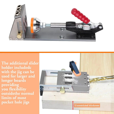 All Metal Pocket Hole Jig Kit for DIY Woodworking, Upgraded Dowel Screw Jig Set with clamp and guides on wooden board