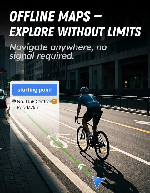 Cyclist using Avant 700 GPS Bike Computer with 2.8 Inch Touchscreen, navigation line showing offline map feature on city street.