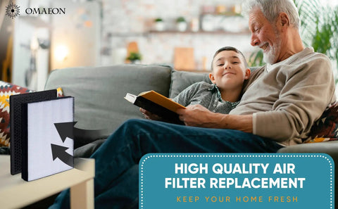 Top Rated NanoProtect HEPA and Activated Carbon Filter Replacement Set beside grandfather and grandson on sofa