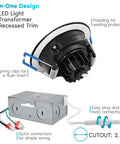 Image showing components of 4 Pack 3 Inch Adjustable LED Gimbal Recessed Lighting With J Box Dimmable Canless Downlights 3000K 4000K 5000K Color Temperature 600 Lumens 8 Watt Equivalent to 50 Watt IC Damp Rated Black, including spring clips, transformer, and J-Box with wiring connectors.