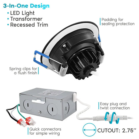 Image showing components of 4 Pack 3 Inch Adjustable LED Gimbal Recessed Lighting With J Box Dimmable Canless Downlights 3000K 4000K 5000K Color Temperature 600 Lumens 8 Watt Equivalent to 50 Watt IC Damp Rated Black, including spring clips, transformer, and J-Box with wiring connectors.