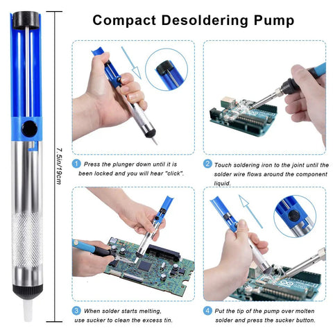 Compact desoldering pump with usage steps for electronics maintenance