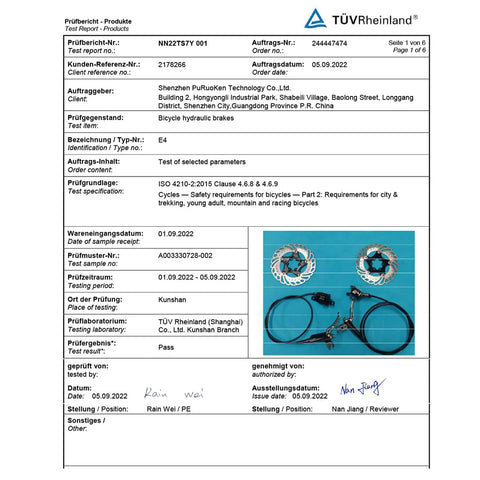 TUV certified test report for Beefy E4 Hydraulic Disc Brake Set With 4 Piston MTB Brakes 641N Front Dry Stop 516N Rear Dry Stop