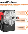 Front view of air compressor pressure switch with 4 ports, metal casing, and red lever, compatible with multiple C models.