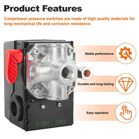 Front view of air compressor pressure switch with 4 ports, metal casing, and red lever, compatible with multiple C models.