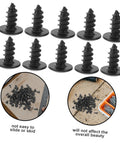 Close-up of 100 Piece Mini Machine Screws For Furniture Repair And DIY Projects, black steel fasteners for wood and metal use.