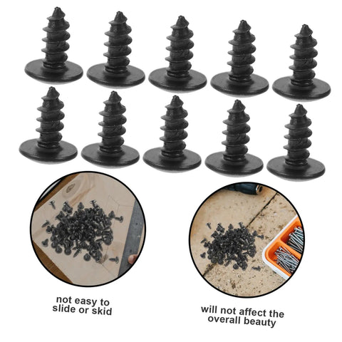 Close-up of 100 Piece Mini Machine Screws For Furniture Repair And DIY Projects, black steel fasteners for wood and metal use.