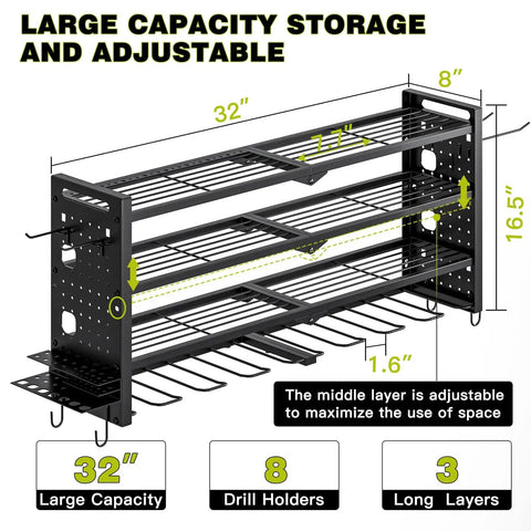 Power Tool Organizer Wall Mount With Four Layers And Eight Drill Holders Heavy Duty Cordless Drill Organizer For Your Garage