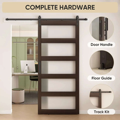 48x96 Inch Frosted Glass Barn Door With 8-Foot Sliding Hardware Included, 5-Panel Solid Wood Door Brown PVC Finish Installed Indoor
