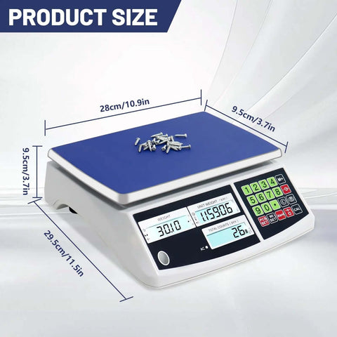 Hochleistungs-Zählwaage mit 30 kg (66 lb) Tragkraft und einer Genauigkeit von 0,1 g; digitale Inventurwaage mit Anzeige dimensions Schrauben.