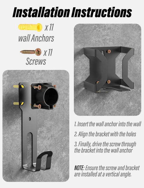 Installation instructions for No Sweat Heavy Duty Wall Mount J Hook Stand For J1772 EV Chargers with wall anchors and screws.