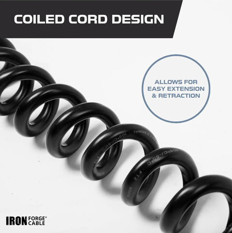 Coiled design of Super Heavy Duty Coiled Extension Cord Retracting Power Cable 5 Foot Black Flat Plug for easy use.