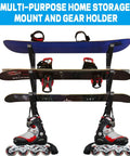 Heavy Duty Snowboard Wall Mount Rack Adjustable Ski Storage System Hella Secure with snowboards and rollerblades on display.