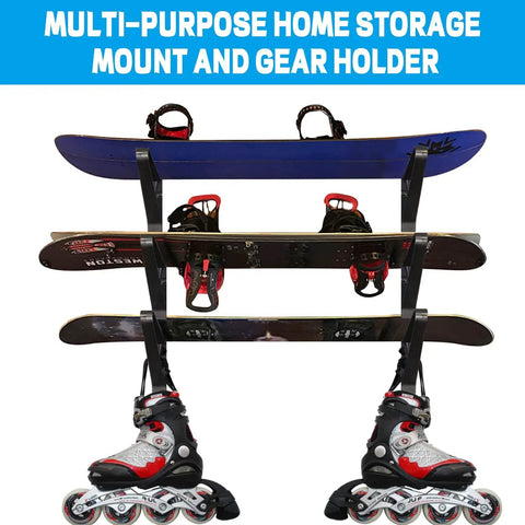 Heavy Duty Premium Adjustable Snowboard And Skateboard Wall Mount Rack For Garage Storage Space Saving Display Hook System That Rocks Keeping Your Boards Slick And Secure with two snowboards and rollerblades