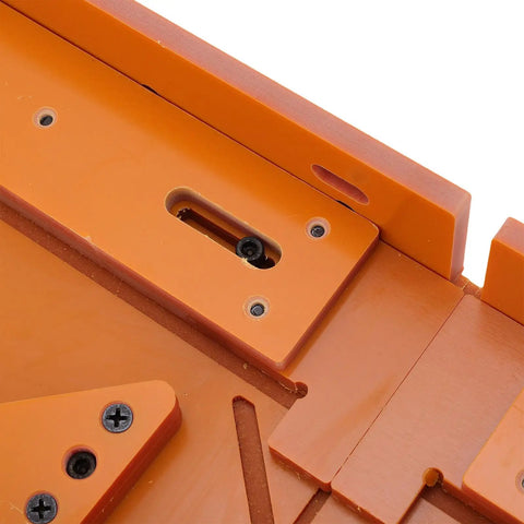 Close-up of the Straight Shooter Door And Window Casing Cutting Guide For Crisp Miter Corners with clamping bar detail.
