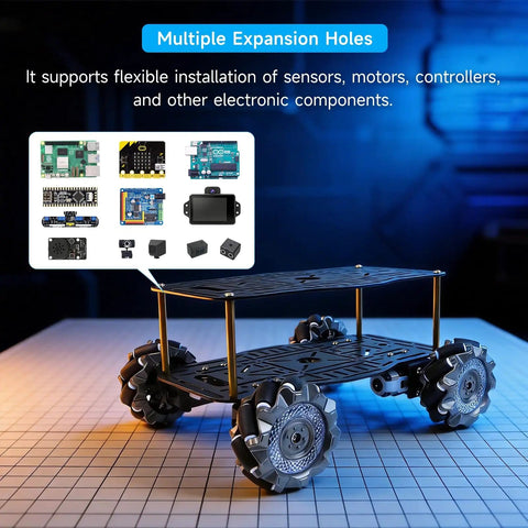 68mm Mecanum Wheel 4WD Robot Car Chassis With Omnidirectional Wheels Aluminum Alloy Frame TT Motors Perfect for Arduino Microbit Raspberry Pi Jetson Robotic Projects and Moving Platforms shown with expansion components